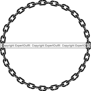 May include: Black and white image of a chain link circle. The chain links are connected to form a continuous circle.