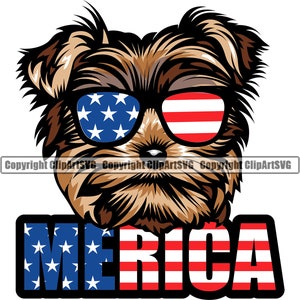 Könnte beinhalten: Ein brauner und weißer Yorkshire Terrier Hund, der eine Sonnenbrille mit amerikanischem Flaggenmuster trägt. Die Sonnenbrille des Hundes ist rot, weiß und blau. Der Text "MERICA" befindet sich unter dem Hund, mit roten, weißen und blauen Streifen.