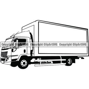 May include: A black and white line drawing of a delivery truck. The truck has a large box body and a cab with a windshield and two doors.