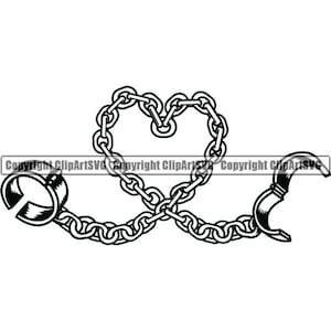 May include: Black and white line art illustration of a heart shape formed by a chain with two handcuffs attached to the ends of the chain.