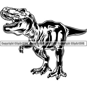 May include: Black and white silhouette of a Tyrannosaurus Rex dinosaur with its mouth open, showing sharp teeth. The dinosaur is standing on all fours with its tail raised.