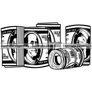 Money Roll Pile 100 Hundred Dollar Bill Rubber Band Stack Knot Cash Rich Gangster Hustle Hustler Art Design Logo SVG PNG Clipart Vector Cut