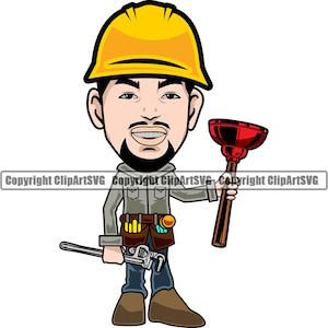 Encanamento homem dos desenhos animados êmbolo chave de tubo reparação correção ferramenta de serviço construção encanador trabalho arte design logotipo svg png clipart corte vetorial