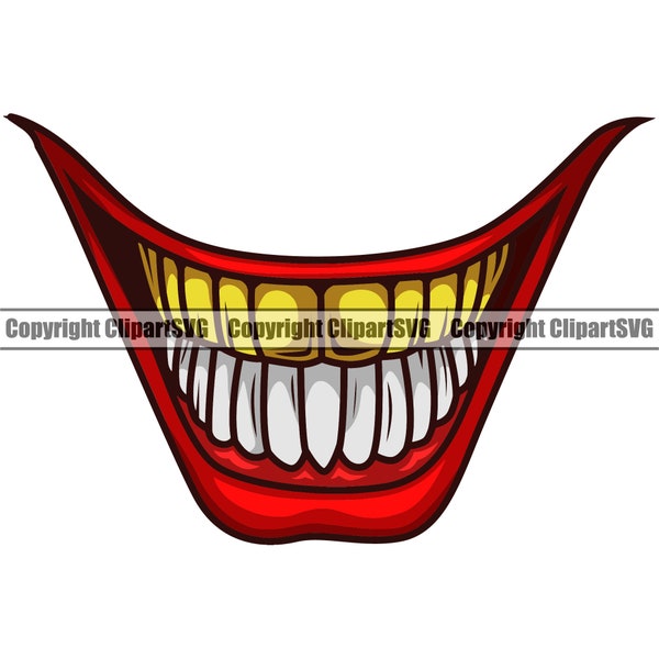 Joker Smile Gold Teeth Thug Clown Scary Mouth Mask Evil Grin Grill Grillz Joke Trick Ha Art Design Element Logo SVG PNG Clipart Vector Cut