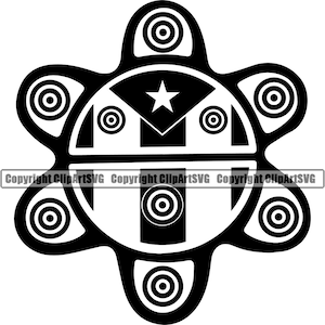 May include: Black and white illustration of a stylized turtle with a star in the center and concentric circles around the edges.
