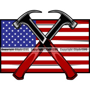 May include: Two crossed red and black hammers with a red, white, and blue American flag in the background. The flag has 13 horizontal stripes and 50 white stars on a blue field. The hammers are crossed in the center of the flag.