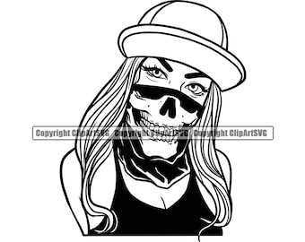 Gangster Girl Skull Bandanna Mask Sexy Woman Female Face Head Hat Cap Biker Gang Tattoo Design Logo SVG PNG Clipart Vector Cut Cutting File
