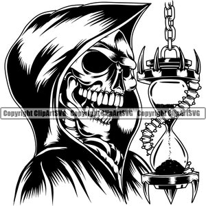 Sensenmann Totenkopf Skelett Grinsen grinsend Sanduhr Tod Evil Kill Killer Gespenst Tattoo Hölle Art Logo SVG PNG Vektor Clipart geschnitten Datei