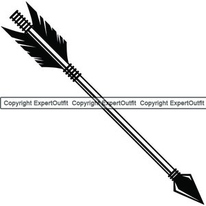 May include: Black and white silhouette of an arrow with feathers. The arrow is pointing to the right.