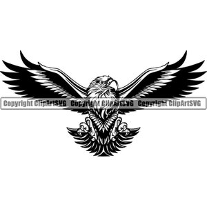 May include: A black and white illustration of an eagle with outstretched wings. The eagle is depicted in a detailed, stylized manner, with sharp lines and intricate feather patterns. The image includes the text "Copyright ClipArtSVG" across the bottom.