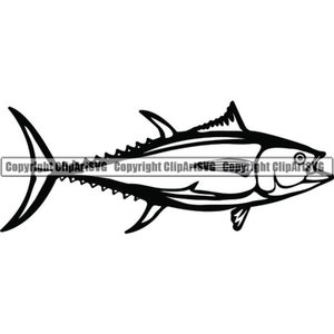 May include: Black and white silhouette of a tuna fish with a detailed fin and scales.