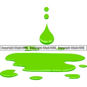 May include: A green liquid drop falls onto a puddle of green liquid. The liquid is spread out in a puddle with a few smaller drops around it.
