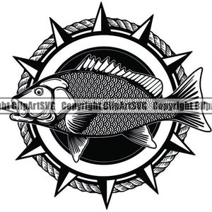 May include: Black and white illustration of a fish inside a compass rose with a rope design. The fish has scales and a detailed mouth.