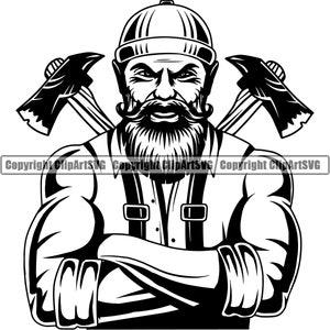 May include: Black and white illustration of a lumberjack with a beard and a hat, holding two axes behind his back. He is wearing suspenders and has his arms crossed.