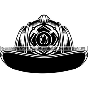 May include: Black and white illustration of a firefighter helmet with a cross and a flame design.