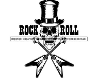 Rock N Roll Skull Top Hat Guitare Heavy Metal Musique Star Lunettes de soleil Musicien Bande Chanson Son Design Rétro Art Logo SVG PNG Vector Clipart Cut