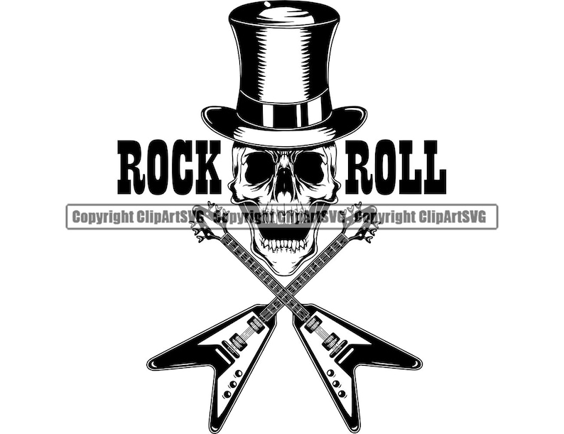 Rock N Roll Skull Top Hat Guitar Heavy Metal Music Star Sunglasses Musician Band Song Sound Retro Design Art Logo SVG PNG Vector Clipart Cut image 1