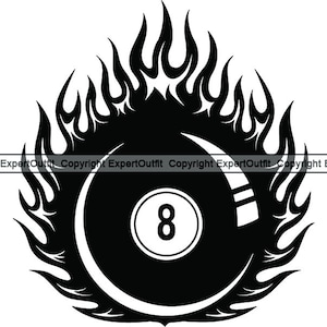 Billiards 8-Ball Motion Hot Fire Flames Player Pool Hall Shark Equipment Game Sports Design Element Logo .SVG .PNG Vector Cricut Cut Cutting