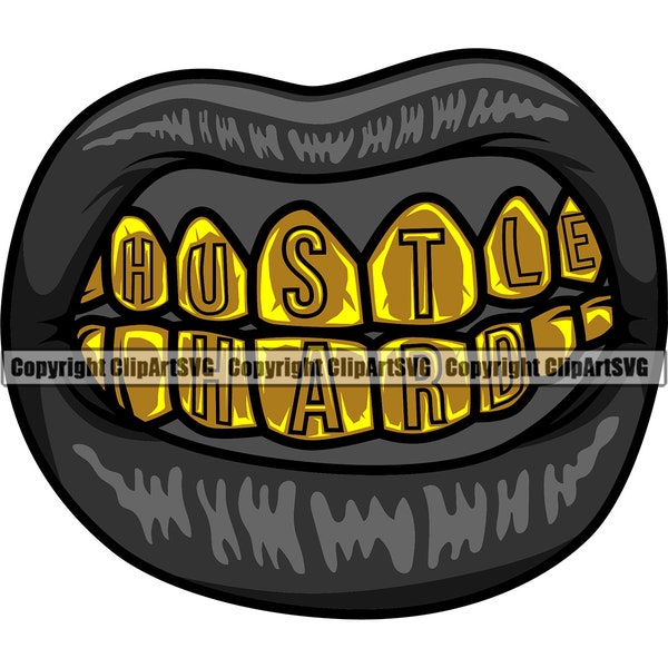 Lips Gold Teeth Hustle Hard Mean Mug Mouth Grin Grill Gangster Rap Hip Hop Mask Art Design Element Logo SVG PNG Clipart Cricut Vector Cut