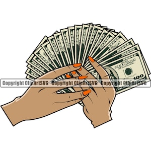 May include: Two hands holding a fan of US dollar bills. The bills are fanned out in a semicircle shape, with the top bill showing the denomination of $100. The hands are brown and have orange nail polish.