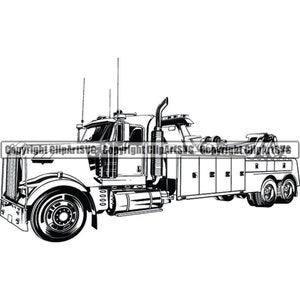 May include: Black and white line drawing of a tow truck. The truck has a large cab and a flatbed with a winch. The truck is facing to the right.