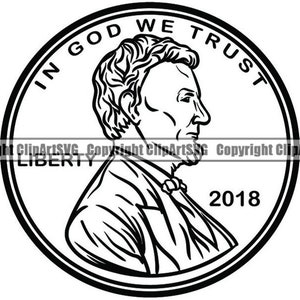 May include: Black and white line art illustration of a US penny coin featuring a profile of Abraham Lincoln with the words "In God We Trust" and "Liberty" on the coin. The year 2018 is printed on the coin.