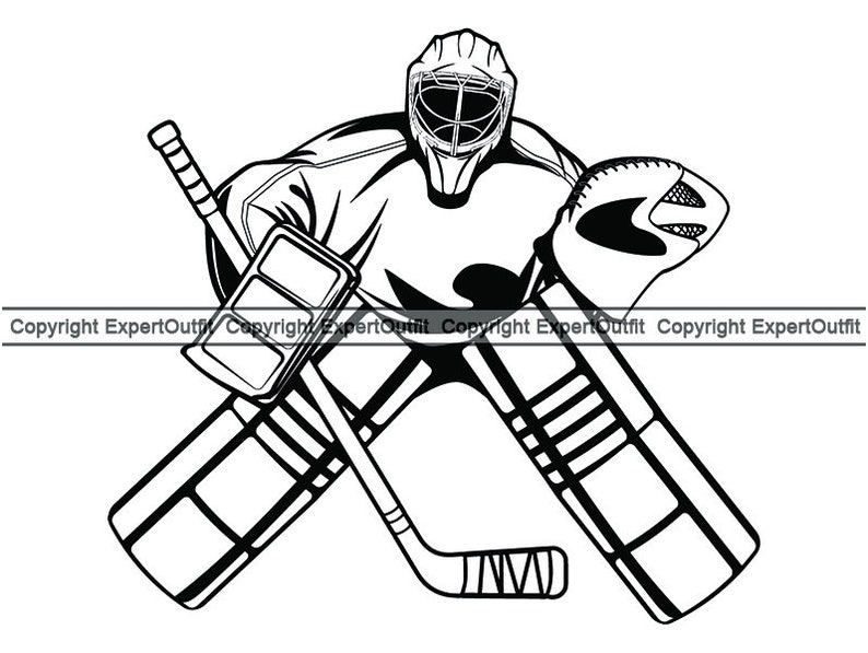 May include: Black and white illustration of a hockey goalie in action. The goalie is wearing a mask and pads, and is holding a hockey stick. The goalie is in a dynamic pose, with the stick raised in the air.