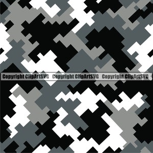 White Digital Camo Camouflage Seamless Pattern War Print Military Hunt Wrap Cover Graphic Design Decor Pixel Art SVG PNG Clipart Vector Cut