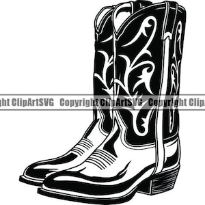 May include: A pair of black cowboy boots with intricate stitching and a pointed toe.