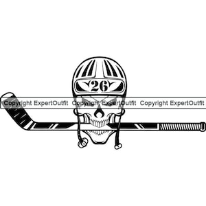 May include: Black and white illustration of a hockey player's skull wearing a helmet with the number 26 on it. The skull is holding a hockey stick.