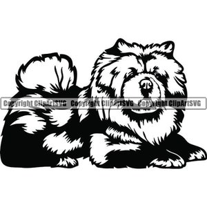 May include: Black and white silhouette of a Chow Chow dog lying down with its head turned to the side. The dog has a fluffy tail and a thick coat of fur.