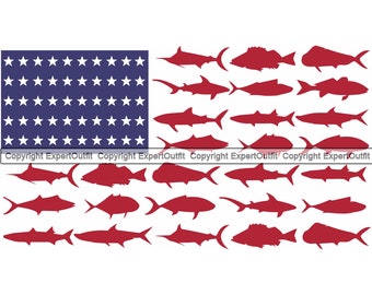 Fishing Pole USA Flag Bait Pond Tour Trip Lake Fish Fresh Salt Water Deep Sea Sport Game Rod Reel Hook Boat Logo SVG PNG Clipart Vector Cut