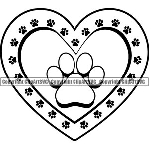 May include: Black and white line art illustration of a heart with a paw print in the center. The heart is surrounded by a border of paw prints.