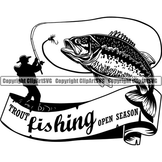 Trout Fishing Logo Fish Pole Fresh Salt Water Lake River Ocean Deep Sea  Sport Game Rod Reel Bass Boat .SVG .PNG Clipart Vector Cut Cutting
