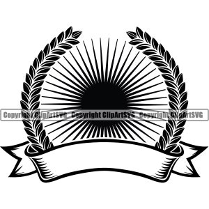 Peut inclure: Illustration en noir et blanc d'un soleil éclatant avec une couronne de laurier autour. Une bannière vide se trouve sous le soleil éclatant.