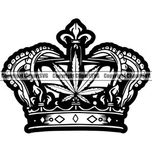 Puede incluir: Ilustración en blanco y negro de una corona con una hoja de marihuana en su interior. La corona tiene una parte superior puntiaguda y una banda de diamantes alrededor de la parte inferior.