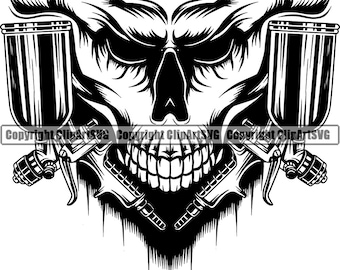 Aerographie Malerei Maler Skull Pinsel Körper Mechaniker Leinwand Künstler malen Zeichnung Art Artwork Design Logo SVG PNG Vektor Clipart Cut