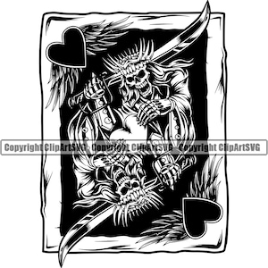 King Of Hearts Skull Fighting Sword Poker Playing Card Gambling Gamble Casino Bet Game Crown Design Art Logo SVG PNG Clipart Vector Cut File