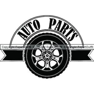 May include: Black and white graphic design of a tire with the words "Auto Parts" in a curved banner above the tire.
