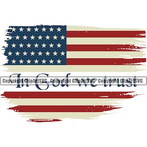 以下が含まれることがあります： 白地に赤と青のストライプが入った、使い古されたアメリカの旗。旗の下には青い文字で「In God We Trust」と書かれている。