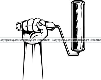 Hand Holding Paint Roller Brush Painter Painting Tool Supplies Construction Foam Finish Handle Cover Roll On Art SVG .PNG Clipart Vector Cut