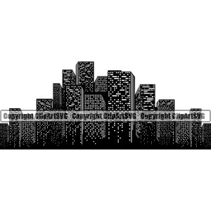 以下が含まれることがあります： 高い建物と窓のある都市の水平線を黒と白のシルエットで描いたものです。建物は段状に配置されており、奥行きと視点を生み出しています。