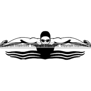 May include: Black and white silhouette of a swimmer doing the butterfly stroke in a pool of water.