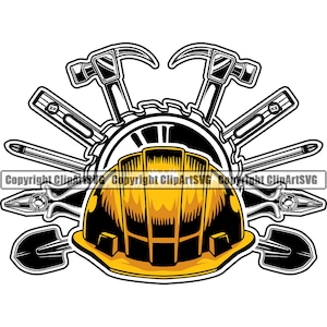 May include: A yellow hard hat with a black brim and a black and yellow striped design. The hard hat is surrounded by various tools, including hammers, screwdrivers, a level, and a shovel.