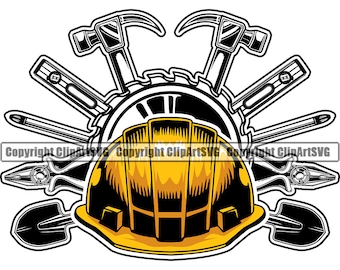 May include: A yellow hard hat with a black brim and a black and yellow striped design. The hard hat is surrounded by various tools, including hammers, screwdrivers, a level, and a shovel.