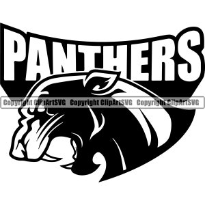 以下が含まれることがあります： 黒と白のグラフィックデザイン。パンサーの頭と、その上に「PANTHERS」と書かれたバナーがある。
