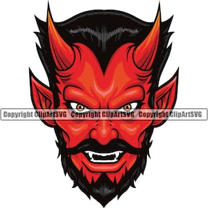 May include: A red devil head with horns, a black beard, and a menacing grin. The devil's eyes are yellow with black pupils.