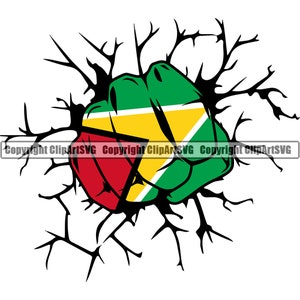 May include: A green, yellow, and red fist breaking through a black cracked wall. The fist is painted with the colors of the Guyana flag.