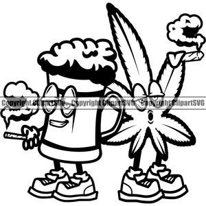 May include: Black and white cartoon illustration of a beer mug and a marijuana leaf, both with legs and wearing shoes, smoking joints and exhaling smoke.