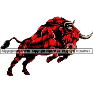 Bull Angry Growling Muscle Attacking Mean Steer Cowboy Western Animal School Team Sport Mascot Detailed Logo SVG PNG Clipart Vector Cut File